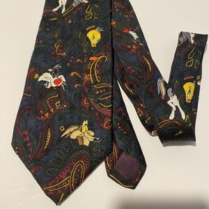 Vintage Looney Tunes Silk Tie Warner Bro Taz Daffy Bugz‎ Sylvester 90s Business